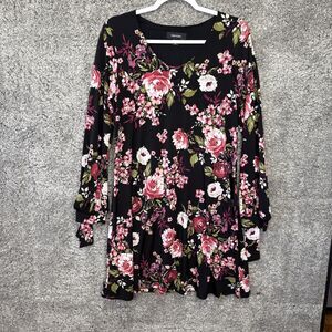 Karen Kane Black Floral Dress Long Sleeve Medium Scoop Neck Pink Purple Flowers